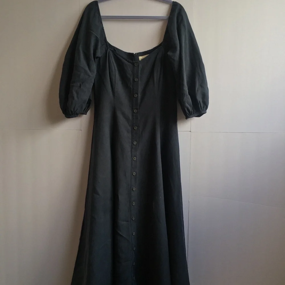 Mara Hoffman Mika Puff-Sleeve Linen Blend Button-Front Maxi Dress in Navy Blue - Picture 5 of 12
